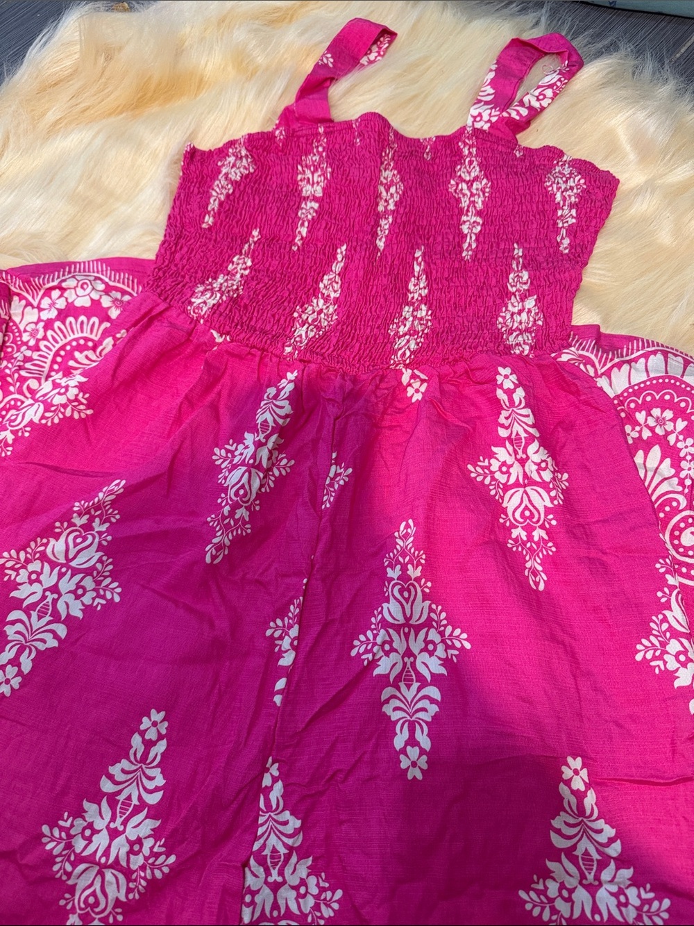 Chicme Hot Pink Smocked Jumpsuit Romper with White Print size L